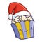 Cute and funny popcorn wearing Santa`s hat in doodle style