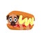 Cute funny pug dog character inside hot dog with mustard vector Illustration on a white background