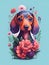 Cute funny puppy Dachshund dog characters illustration with colorful flower on clean background. Human friends pet, home