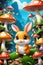 A cute and funny rabbit in cartoon character, at a whimsical mushroom valley, beautiful, fantasy, digital anime art, animal