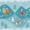 Cute funny raccoons, rooster and duck on skates. Winter seamless pattern