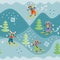 Cute funny raccoons on skiing. Winter seamless pattern.