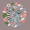 Cute funny ring-tailed lemur and tropical plant. Madagascar exotic Lemur catta. Vector illustration in flat and cartoon style and