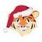 Cute funny or smile tiger character, simbol of New Year in a red Christmas cap. Wild animals of africa, face with