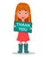 Cute funny smiling cartoon girl holding sign `Thank You`.