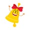 Cute, funny smiling golden school bell character with red ribbon