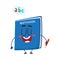 Cute and funny smiling school notebook, notepad character holding pencil