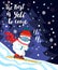 Cute and funny snow yeti skiing vector print for postcard. The Best is Yeti to Come. Happy cartoon yeti with red winter hat and