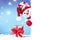 Cute funny snowman holding white page, greeting Christmas card