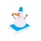 Cute, funny snowman riding sled, sleigh, toboggan