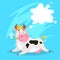 Cute funny spotted cow with milk splash frame. Lying and chews flower. Cartoon vector illustration on blue comic background.