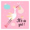 Cute funny stork and girl with different childish elements.