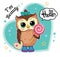 Cute funny sweet owl on white background. Isolated children cartoon illustration with animal, heart, star, candy and text. Vector.