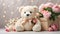 Cute funny teddy bear toy, birthday a gift box a bow, with bouquets of peony flowers flowers