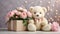 Cute funny teddy bear toy, greeting a gift box a bow, with bouquets of peony flowers flowers