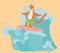 A cute funny tiger in shorts surfs the board, swims on the waves