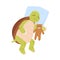 Cute and funny turtle sleeping with teddy bear. Sleepy tortoise lying with soft toy. Childish animal character. Colored