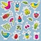 Cute and funny vector bugs with birds and plants stickers set