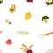 Cute funny vegetables, seamless pattern, background. Food characters, repeating print. Broccoli, avocado, tomato with