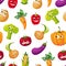 Cute Funny Vegetables Seamless Pattern, Potato, Broccoli, Tomato, Eggplant, Pumpkin, Corn, Carrot Characters with Funny