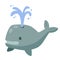 Cute funny whale with water fountain. Marine animal. Funny blue sperm whale. Children drawing in Scandinavian style