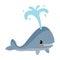 Cute funny whale with water fountain. Marine animal. Funny blue sperm whale. Children drawing in Scandinavian style