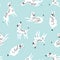 Cute funny white spotted dogs on the blue background. Dalmatian fabric design. Vector print with dogs