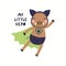 Cute funny wild piglet superhero flying, quote