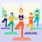 Cute funny women practicing yoga together in room, cartoon stile. Group performing gymnastic exercise. Aerobics class, training,