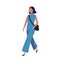 Cute funny young teenage girl dressed in stylish blue jumpsuit walking to school. Portrait of modern pupil or student