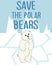 Cute furry polar bear on arctic background, cartoon wild animal from Red List, extinction problem, editable vector illustration