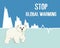 Cute furry polar bear on arctic background, wild animal from Red List, global warming concept poster, extinction problem, editable