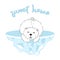 Cute furry polar bear on iceberg, cartoon wild animal from Red List, extinction problem, editable vector illustration