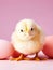 Cute fuzzy baby chick with Easter eggs greeting card