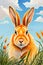 a cute fuzzy and vibrant artwork of a bunny rabbit in a grassland with a bright sky and clouds in the background. Watercolor