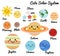 Cute galaxy, space, solar system elements. Kawaii moon, sun and planets vector illustration for kids. Isolated design elements for