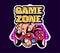 Cute game logo patch with game zone lettering and hand holding gamepad