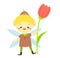 Cute garden elf boy with tulip flower. Little pixie