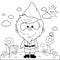 Cute garden gnome in the garden in springtime. Gardening gnome outdoors in the flower farm. Vector black and white coloring page.