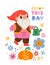 Cute garden gnomes poster. Funny fabulous dwarf. Cartoon fantasy character watering pumpkin and flower plants. Fairy