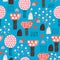 Cute garden seamless patten. Cartoon blooming trees and flowers background