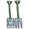 Cute gardening tools with kawaii face cartoon vector illustration motif set. Hand drawn spade and fork blog icons