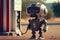 Cute gas station attendant service robot waiting customer for filling the car fuel. Innovative technology and Occupation concept.