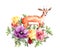 Cute gazelle animal in flowers. Floral design. Watercolor