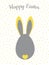 A cute gentle gray bunny with funny ears for Easter Day. Greeting card in pastel colors.