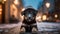 A cute German Sheepdog puppy dog wearing a hat on blurred a snowy street background. Generative AI.