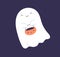 Cute ghost floating with Halloween pumpkin basket for Trick or Treat. Funny spooky boo character flying. Baby spook
