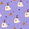 Cute Ghost seamless pattern, kids Halloween digital background. Violet spooky fabric design with ghost and pumpkins.