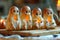 Cute Ghost Shaped Halloween Candles in a Row with Warm Glowing Flames on a Rustic Wooden Table Decorated with Autumn Leaves