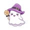 Cute ghost wearing witch hat costume holding candy vector illustration clipart